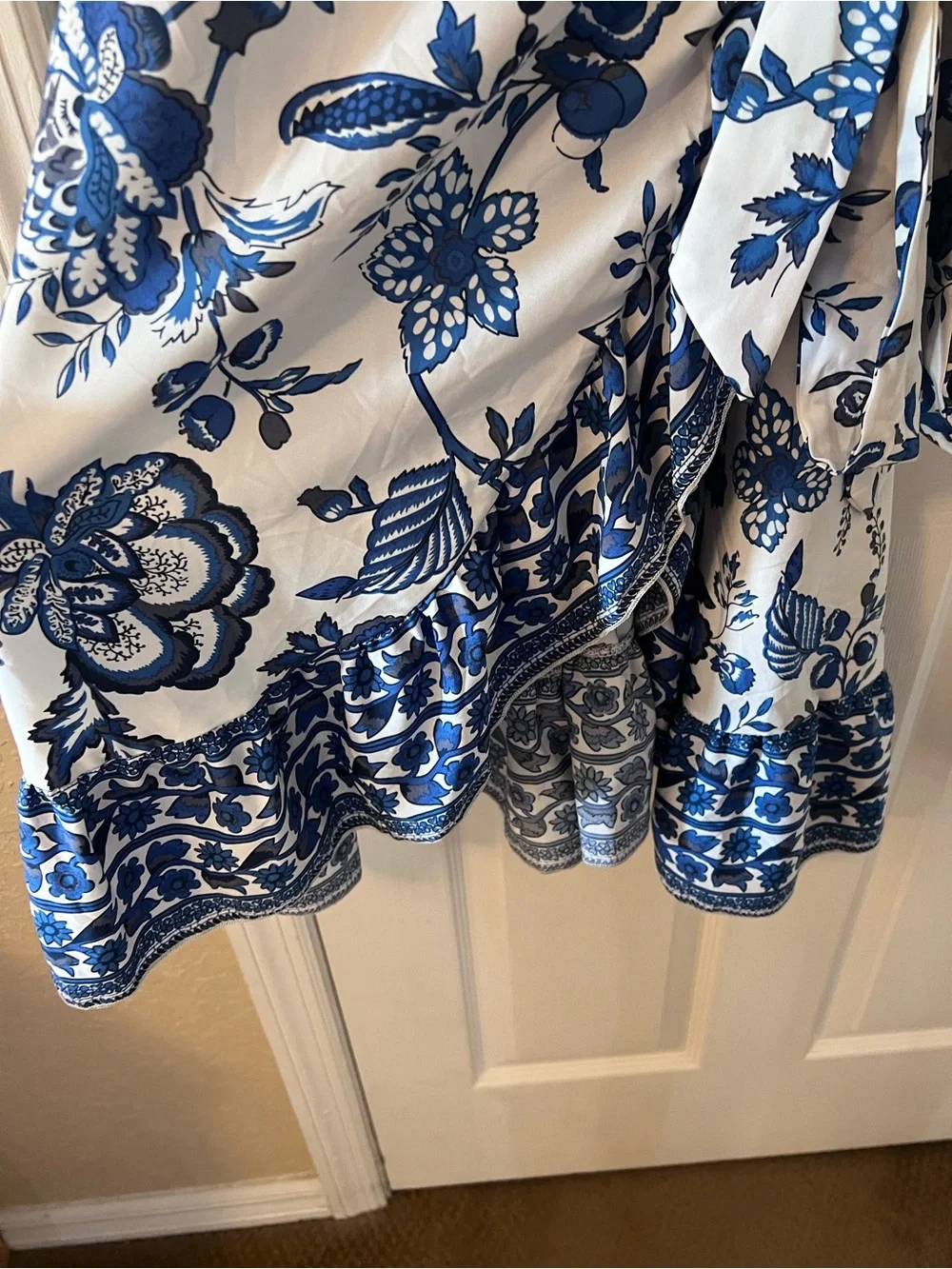 Boho Floral Print Short Sleeve Wrap V Neck Ruffle Hem A Line Dress Summer